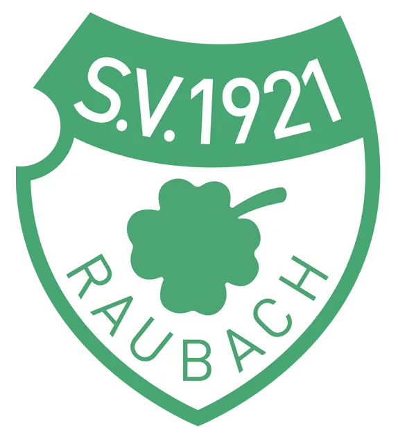 Logo des Sportvereins Raubach, das ein grünes Schild mit einer weißen Umrandung zeigt. In der Mitte befindet sich ein vierblättriges Kleeblatt und der Schriftzug "S.V. 1921 Raubach".