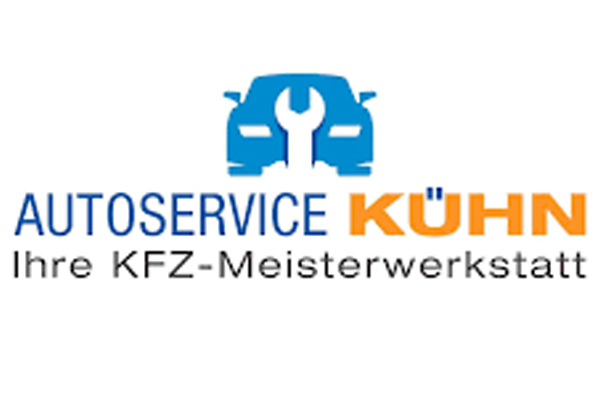 Logo des Autoservices Kühn mit einer stilisierten Fahrzeugsilhouette und einem Schraubenschlüssel. Der Text 'AUTOSERVICE KÜHN' heben die Werkstatt hervor und beschreibt sie als 'Ihre KFZ-Meisterwerkstatt'.