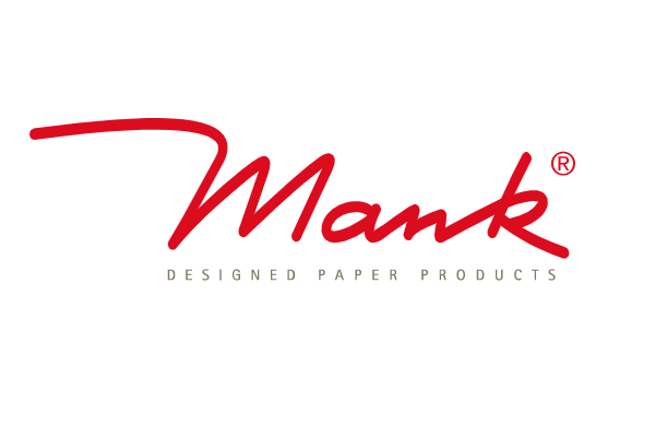 Das Logo von Mank, einem Unternehmen für Papierprodukte. Das Wort 'Mank' erscheint in roter Schrift auf weißem Hintergrund, unter dem sich der Schriftzug 'delicious paper products' in einer schlichten Schriftart befindet.