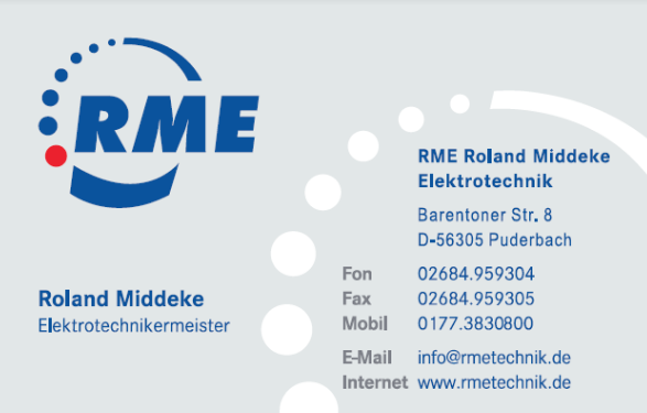 Eine geschäftliche Visitenkarte mit dem Logo von RME und den Kontaktdaten von Roland Middeke, Elektronikmeister. Die Karte enthält die Adresse, Telefonnummern, E-Mail und Website.