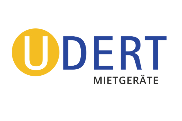 Ein Logo mit der Aufschrift "UDERT MIETGERÄTE". Der Schriftzug "UDERT" ist in blauen Buchstaben und das "U" ist in Gelb hervorgehoben, während "MIETGERÄTE" in kleineren blauen Buchstaben darunter steht. Der Hintergrund ist weiß.